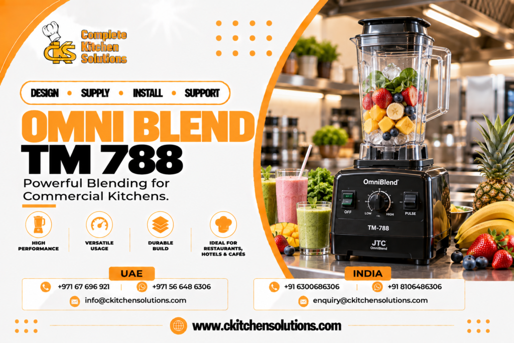 A promotional banner for "Complete Kitchen Solutions" titled "Omni Blend TM 788: Powerful Blending for Commercial Kitchens," featuring a heavy-duty JTC OmniBlend commercial blender jug filled with fresh strawberries, mango, spinach, and ice beside finished smoothies and tropical fruits in a commercial kitchen.