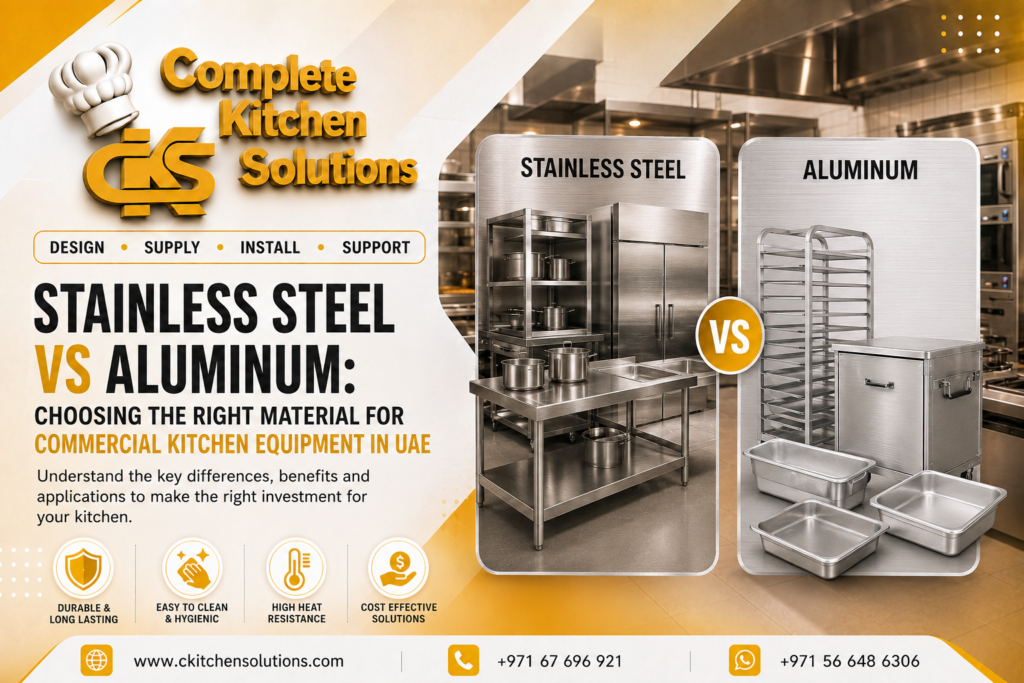 A promotional banner for "Complete Kitchen Solutions" comparing "Stainless Steel vs Aluminum" commercial kitchen equipment, side-by-side showcasing a stainless steel workstation with pots and a refrigerator versus an aluminum speed rack, holding cabinet, and deep food pans.