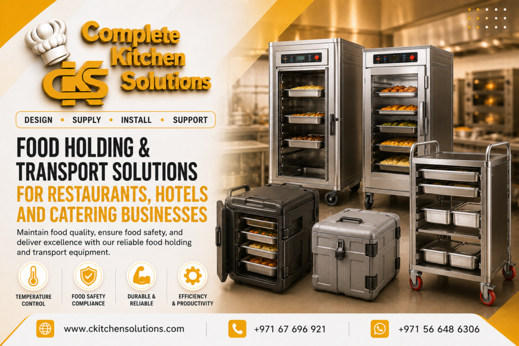 A promotional banner for "Complete Kitchen Solutions" titled "Food Holding & Transport Solutions," featuring commercial mobile hot holding cabinets, insulated food pan carriers, and a stainless steel utility cart loaded with trays.