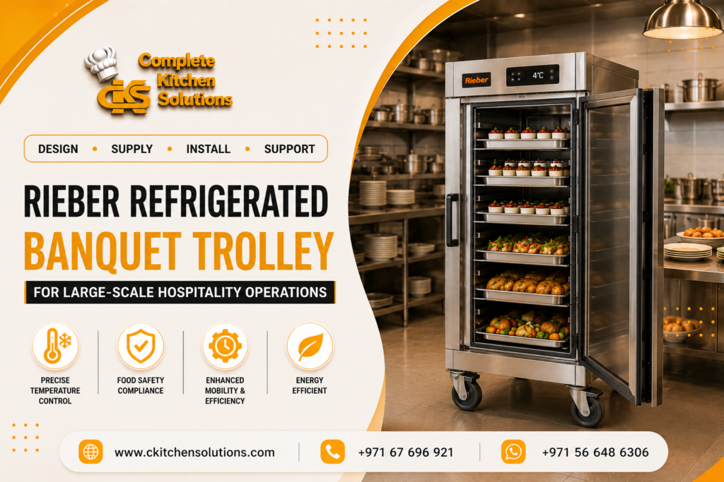A promotional banner for "Complete Kitchen Solutions" titled "Rieber Refrigerated Banquet Trolley," featuring a mobile stainless steel commercial banquet trolley with its door open, showcasing shelves filled with plated desserts and appetizers in a professional kitchen environment.