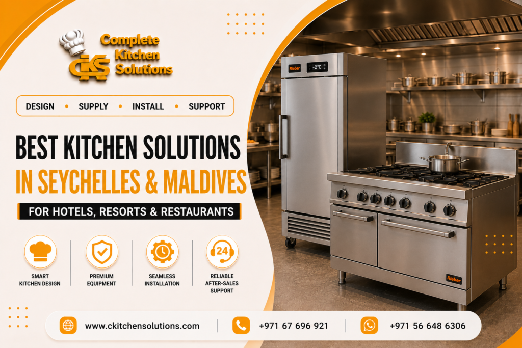 A promotional banner for "Complete Kitchen Solutions" titled "Best Kitchen Solutions in Seychelles & Maldives," showcasing a commercial stainless steel cooking range with a stockpot alongside a mobile Rieber upright refrigerator in a professional kitchen environment.