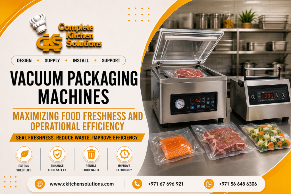 A promotional banner for "Complete Kitchen Solutions" titled "Vacuum Packaging Machines," featuring two stainless steel commercial vacuum sealers on a countertop next to vacuum-sealed bags of raw salmon, steak, and mixed vegetables.