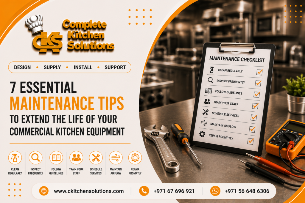 A promotional banner for "Complete Kitchen Solutions" titled "7 Essential Maintenance Tips to Extend the Life of Your Commercial Kitchen Equipment," featuring a technician's clipboard maintenance checklist alongside hand tools and a digital multimeter on a stainless steel worktable.