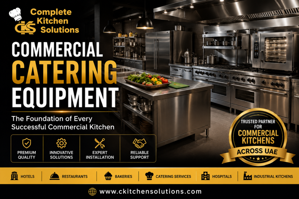 A promotional banner for "Complete Kitchen Solutions" showcasing a modern, professional stainless steel commercial kitchen equipped with ovens, ranges, and prep tables.