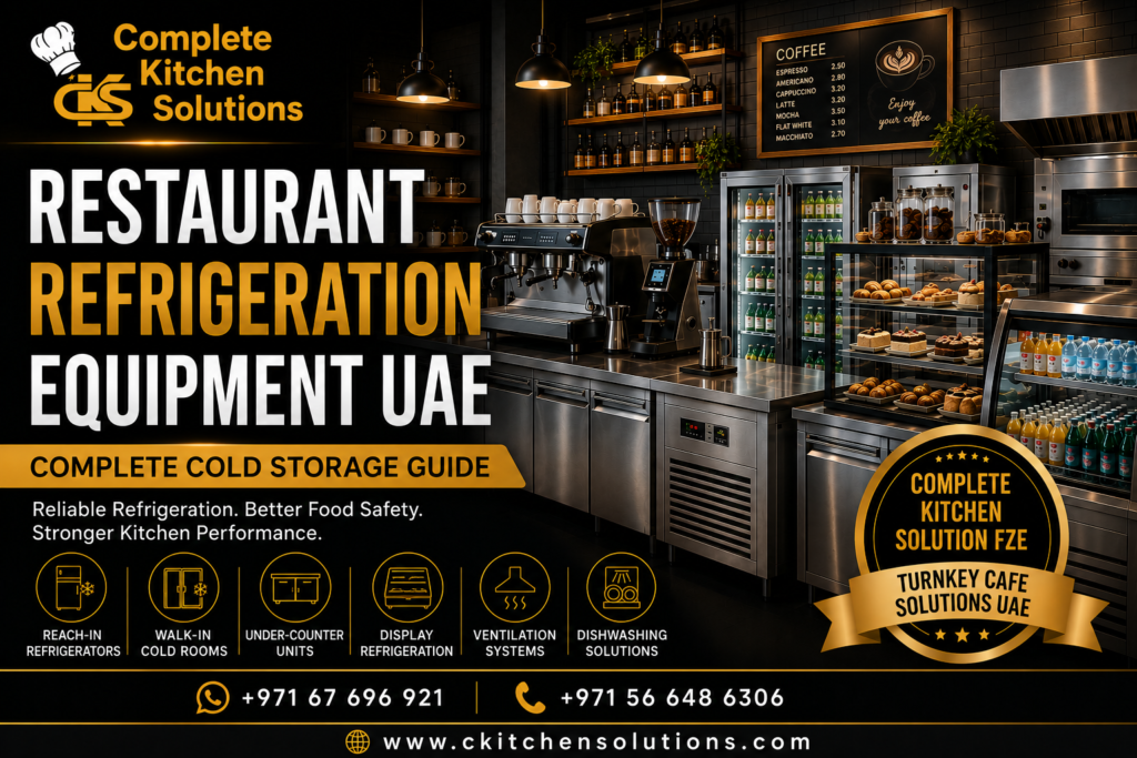 A promotional graphic banner for "Complete Kitchen Solutions" titled "Restaurant Refrigeration Equipment UAE," featuring a commercial kitchen and cafe setup with various display fridges, beverage coolers, and stainless steel under-counter refrigeration units.