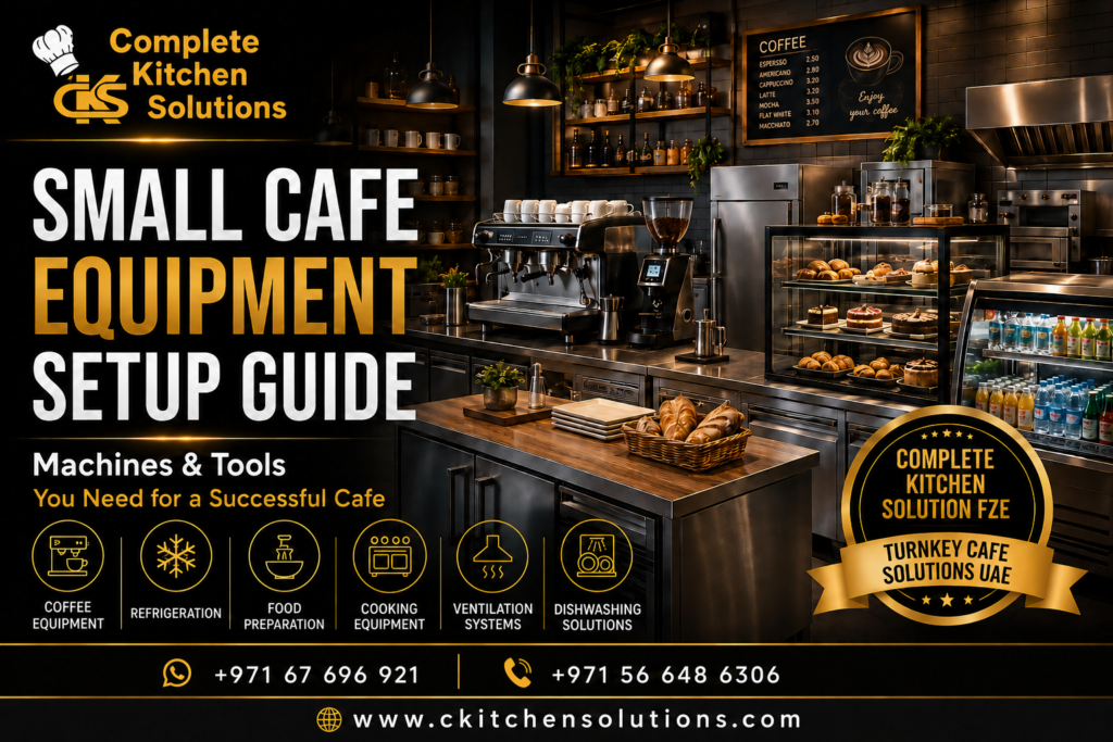 A promotional graphic banner for "Complete Kitchen Solutions" titled "Small Cafe Equipment Setup Guide," showcasing a modern cafe interior with an espresso machine, pastry display case, beverage cooler, and industrial countertops.