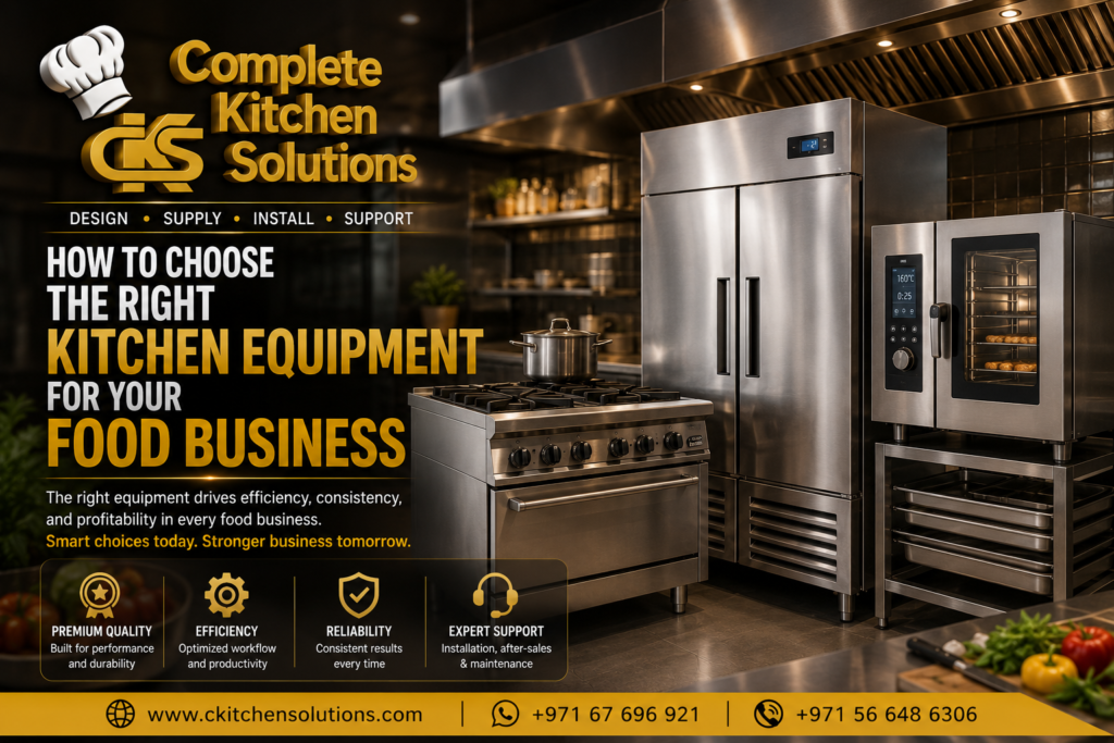 A promotional banner for "Complete Kitchen Solutions" titled "How to Choose the Right Kitchen Equipment for Your Food Business," showcasing a stainless steel commercial gas range, a double-door upright refrigerator, and a professional combi oven.