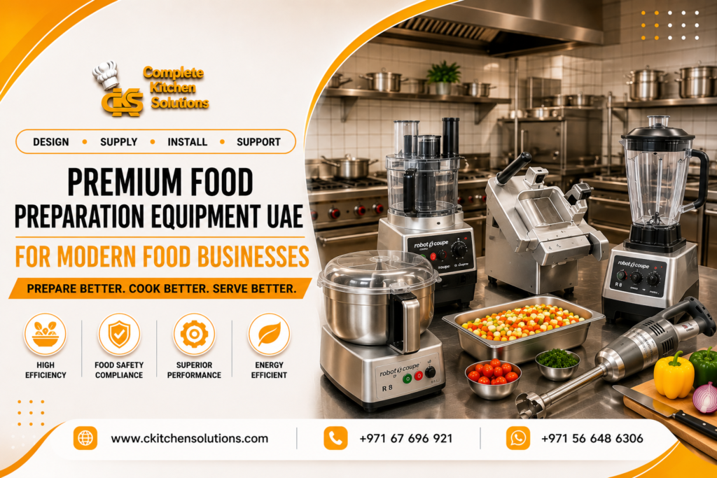 A promotional banner for "Complete Kitchen Solutions" titled "Premium Food Preparation Equipment UAE," showcasing professional Robot Coupe commercial appliances including food processors, vegetable cutters, blenders, and immersion blenders on a stainless steel counter with prepped vegetables.