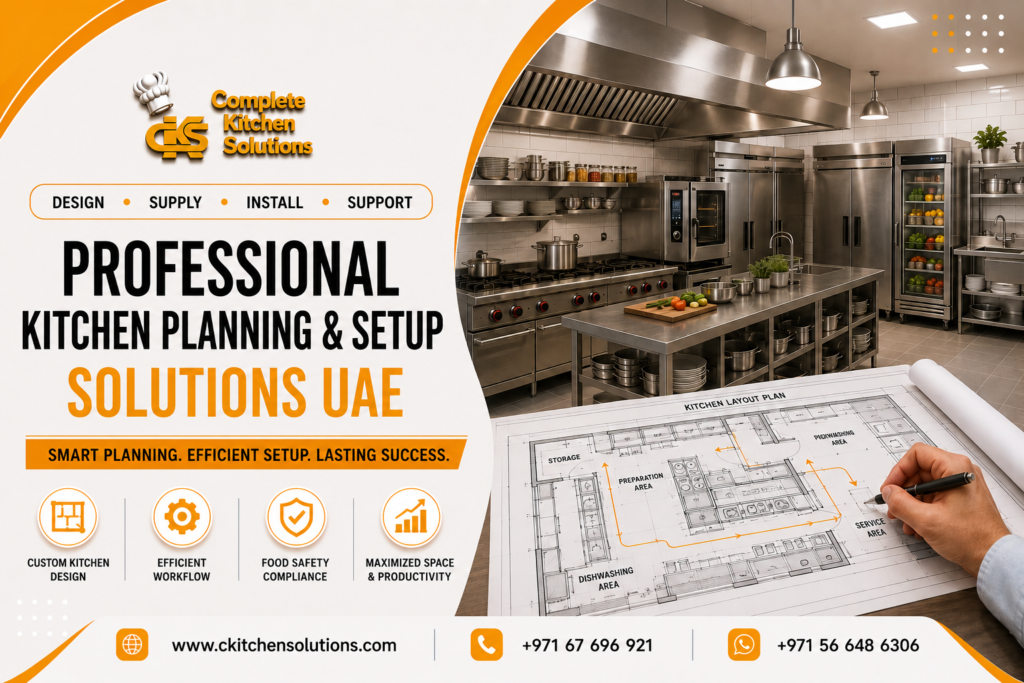 A promotional banner for "Complete Kitchen Solutions" titled "Professional Kitchen Planning & Setup Solutions UAE," featuring a modern stainless steel commercial kitchen alongside a technical architectural floor plan being reviewed by a person holding a pen.