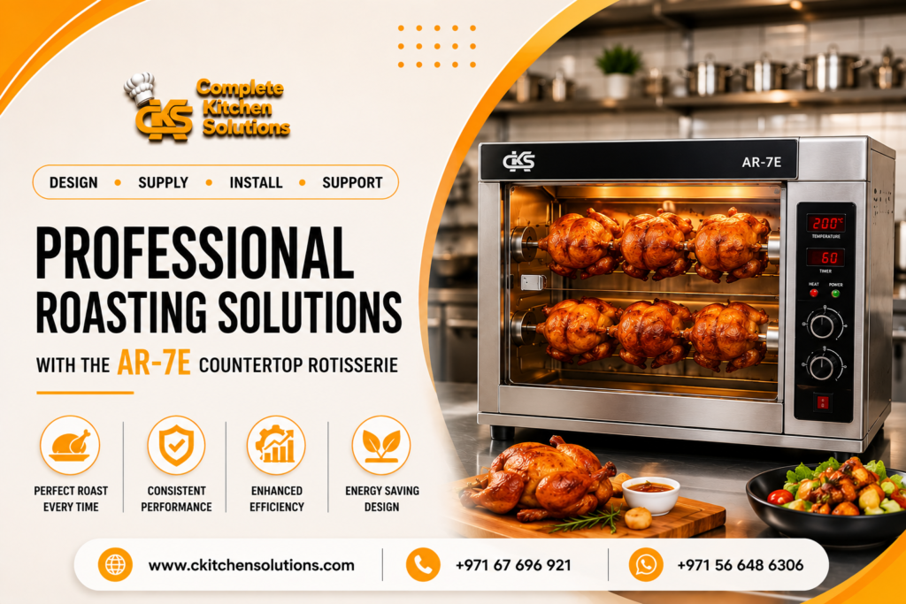 A promotional banner for "Complete Kitchen Solutions" titled "Professional Roasting Solutions," showcasing the AR-7E Countertop Rotisserie oven with several whole chickens roasting inside on spits, alongside a carved roasted chicken platter on a wooden board.