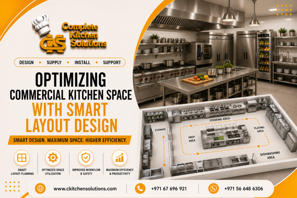 A promotional banner for "Complete Kitchen Solutions" titled "Optimizing Commercial Kitchen Space with Smart Layout Design," featuring a fully equipped stainless steel commercial kitchen alongside a 3D rendering of a structured kitchen floor plan detailing various work zones.