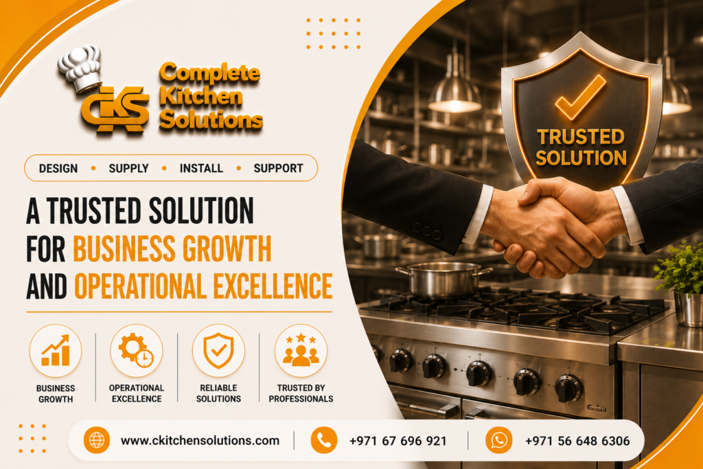 A promotional banner for "Complete Kitchen Solutions" titled "A Trusted Solution for Business Growth and Operational Excellence," featuring a professional handshake over a commercial stainless steel gas range line and an illuminated "Trusted Solution" shield badge.