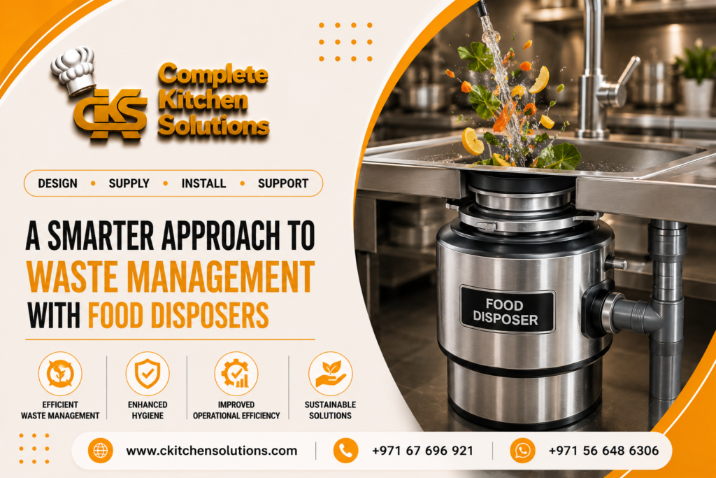 A promotional banner for "Complete Kitchen Solutions" titled "A Smarter Approach to Waste Management with Food Disposers," featuring a commercial heavy-duty under-sink garbage disposal unit with running water and chopped food scraps splashing into the stainless steel sink basin above.