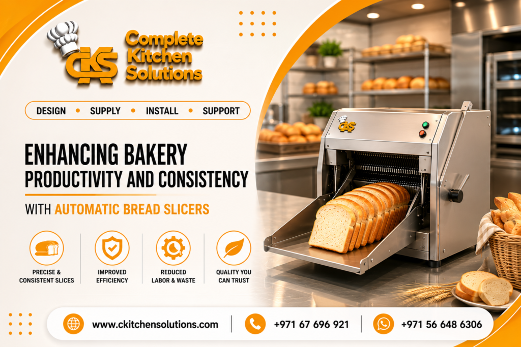 A promotional banner for "Complete Kitchen Solutions" titled "Enhancing Bakery Productivity and Consistency with Automatic Bread Slicers," showcasing a stainless steel commercial bread slicing machine slicing a loaf of sandwich bread on a metal prep table inside a bakery.