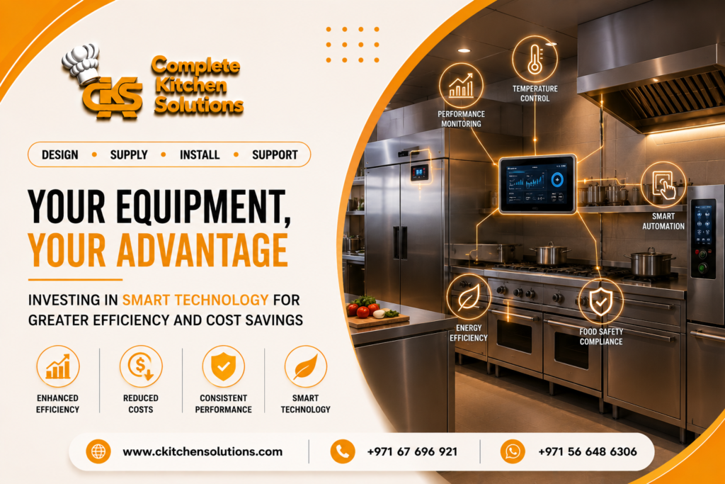 A promotional banner for "Complete Kitchen Solutions" titled "Your Equipment, Your Advantage," featuring an automated stainless steel commercial kitchen line connected via glowing network lines to a central digital smart monitoring tablet display.