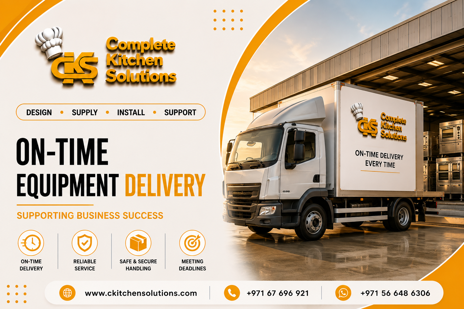A promotional banner for "Complete Kitchen Solutions" titled "On-Time Equipment Delivery," featuring a white branded commercial delivery truck parked outside a warehouse loading bay filled with commercial kitchen equipment.