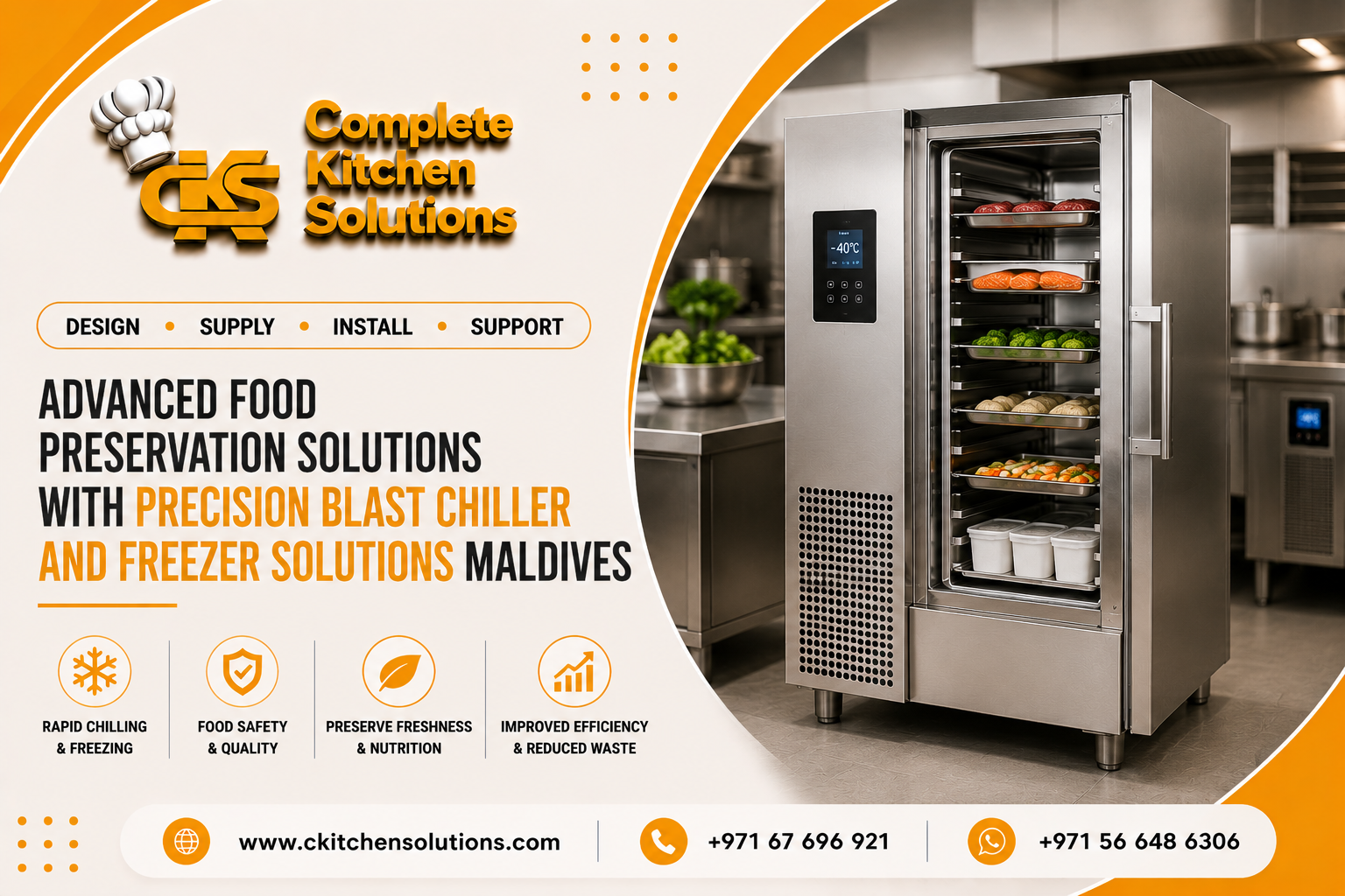 A promotional banner for "Complete Kitchen Solutions" titled "Advanced Food Preservation Solutions with Precision Blast Chiller and Freezer Solutions Maldives," featuring a large commercial stainless steel blast freezer with an open door revealing multi-tiered trays of salmon, meats, vegetables, and frozen containers.