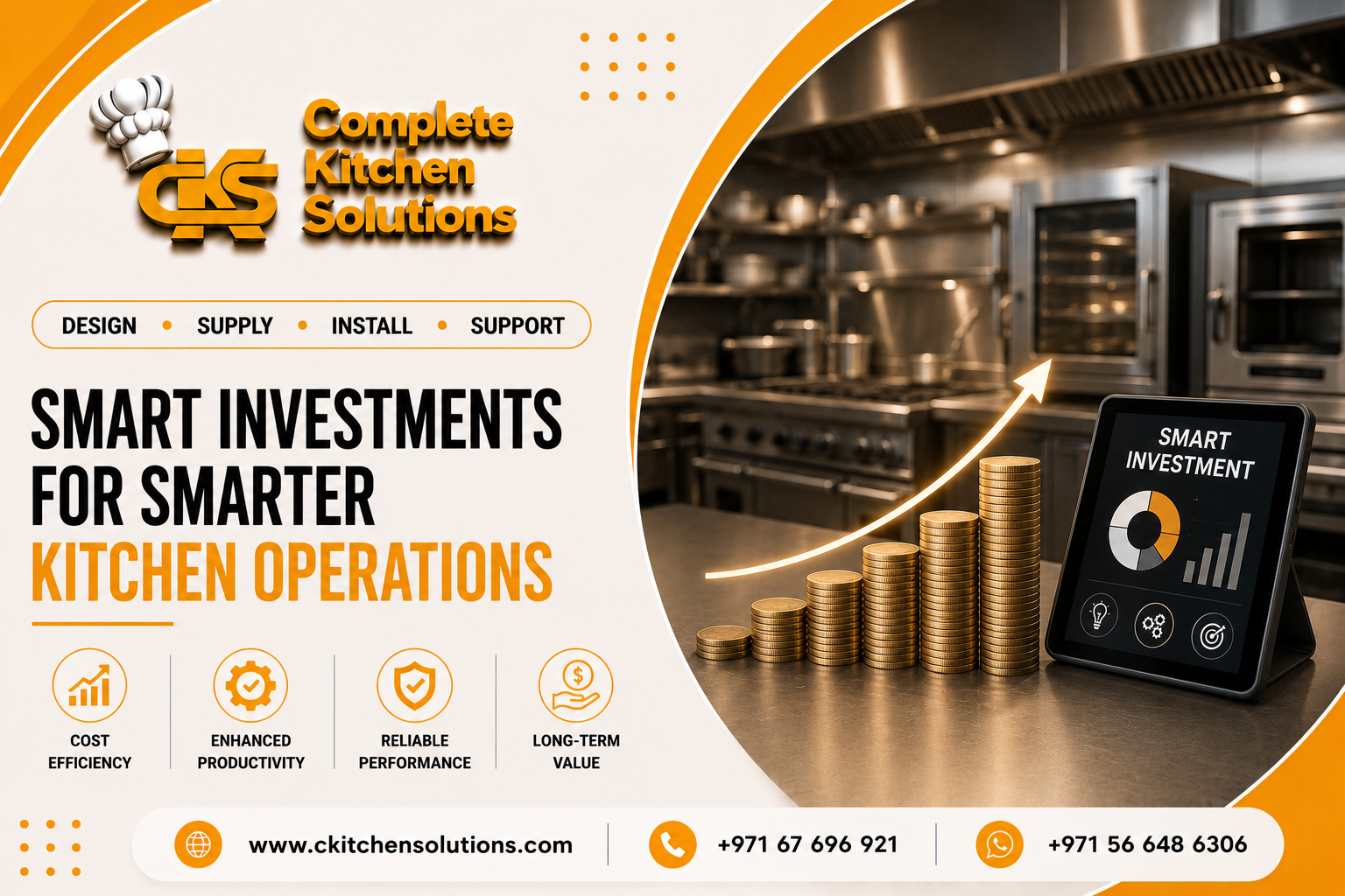 A promotional banner for "Complete Kitchen Solutions" titled "Smart Investments for Smarter Kitchen Operations," featuring an ascending graph of stacked gold coins with an upward-pointing arrow next to a digital tablet displaying investment analytics, set against a blurred commercial kitchen backdrop.