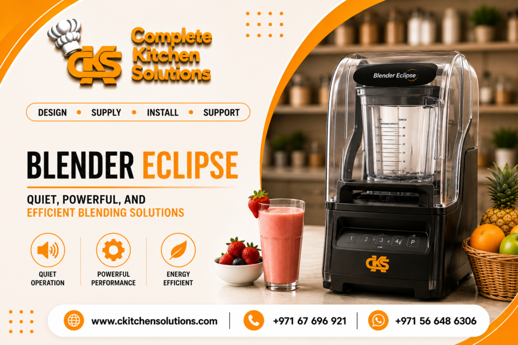 A promotional banner for "Complete Kitchen Solutions" titled "Blender Eclipse," featuring a professional high-performance commercial blender enclosed in a clear sound enclosure dome, sitting on a countertop next to a fresh strawberry smoothie glass and a basket of fruit.