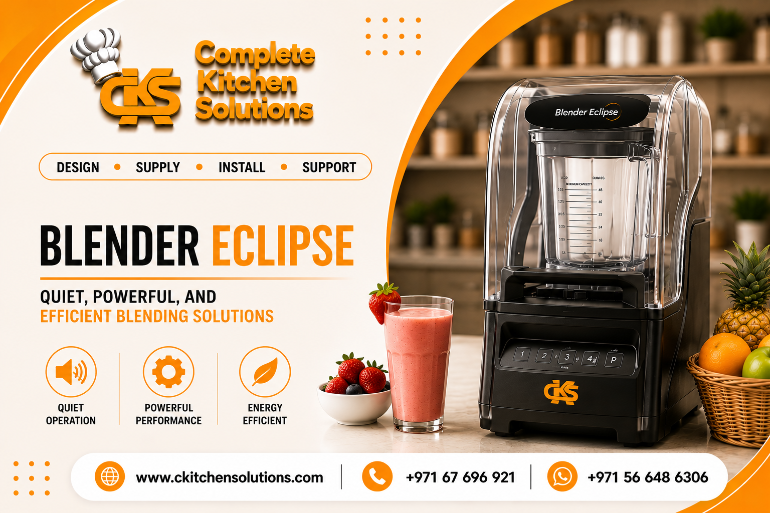 A promotional banner for "Complete Kitchen Solutions" titled "Blender Eclipse," featuring a professional high-performance commercial blender enclosed in a clear sound enclosure dome, sitting on a countertop next to a fresh strawberry smoothie glass and a basket of fruit.