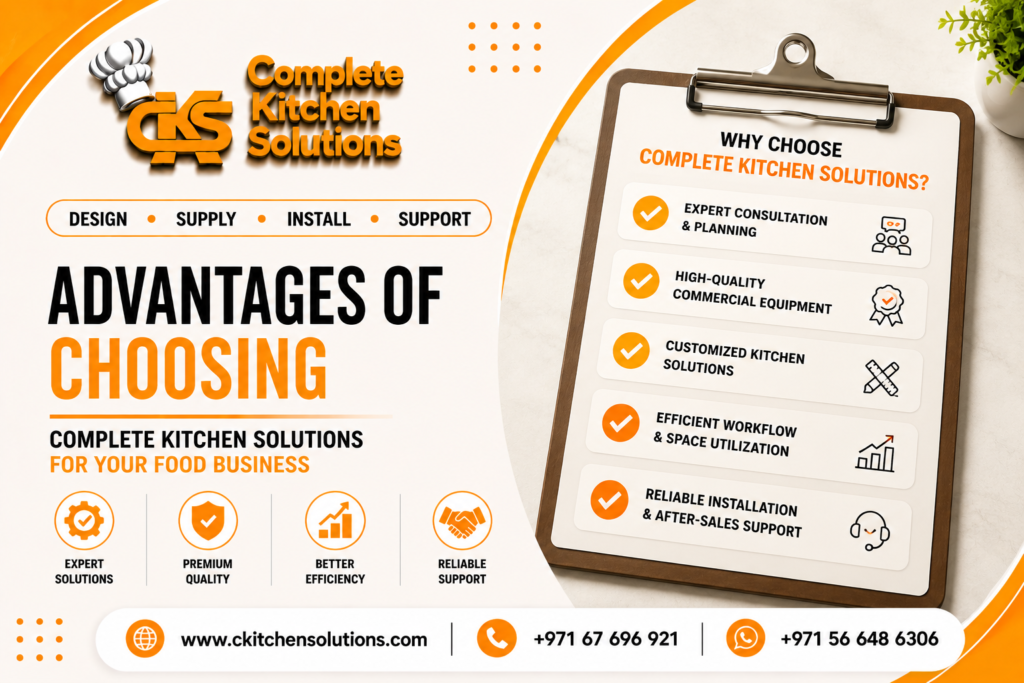 A promotional banner for "Complete Kitchen Solutions" titled "Advantages of Choosing Complete Kitchen Solutions for Your Food Business," featuring a wooden clipboard on the right showcasing a checklist of core business values.