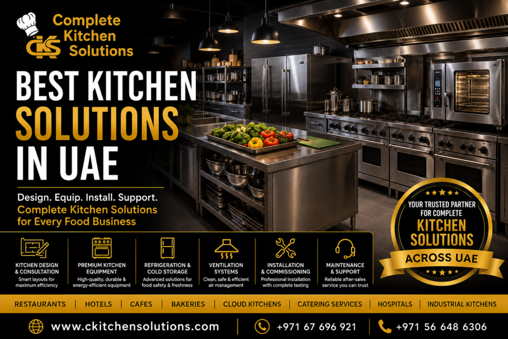 A promotional banner for "Complete Kitchen Solutions" titled "Best Kitchen Solutions in UAE," showcasing a commercial stainless steel kitchen equipped with professional ovens, ranges, ventilation hoods, and a central prep station with fresh vegetables.