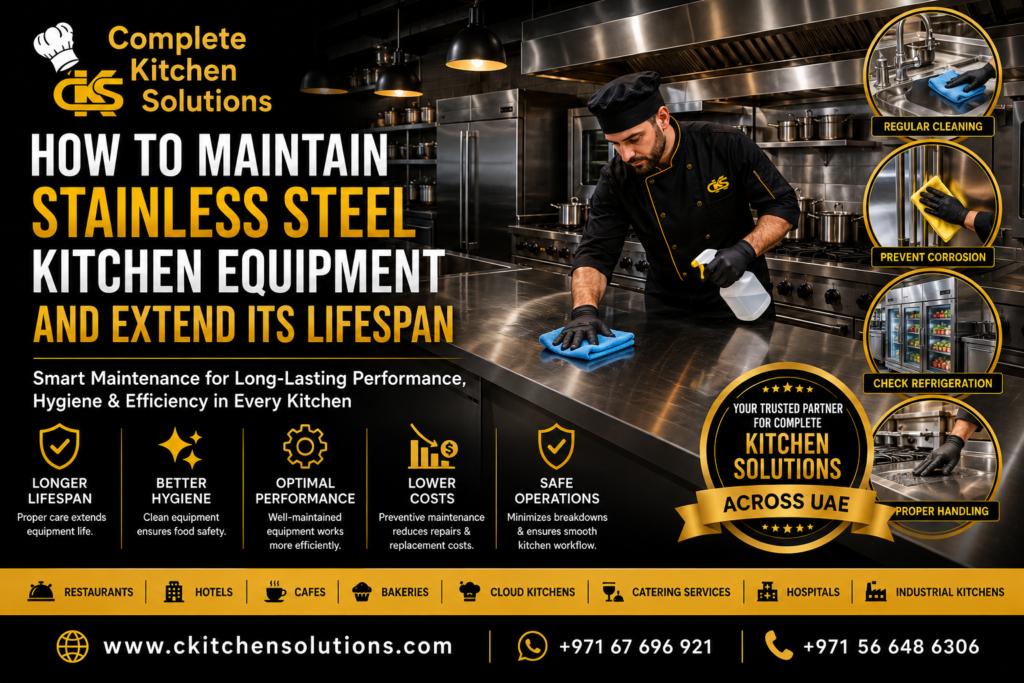 A promotional banner for "Complete Kitchen Solutions" titled "How to Maintain Stainless Steel Kitchen Equipment and Extend Its Lifespan," featuring a chef in uniform cleaning a commercial stainless steel countertop alongside four maintenance tip images.