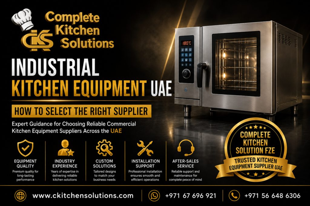A promotional banner for "Complete Kitchen Solutions" titled "Industrial Kitchen Equipment UAE," showcasing a professional stainless steel combi oven with a digital control panel displaying 180°C.