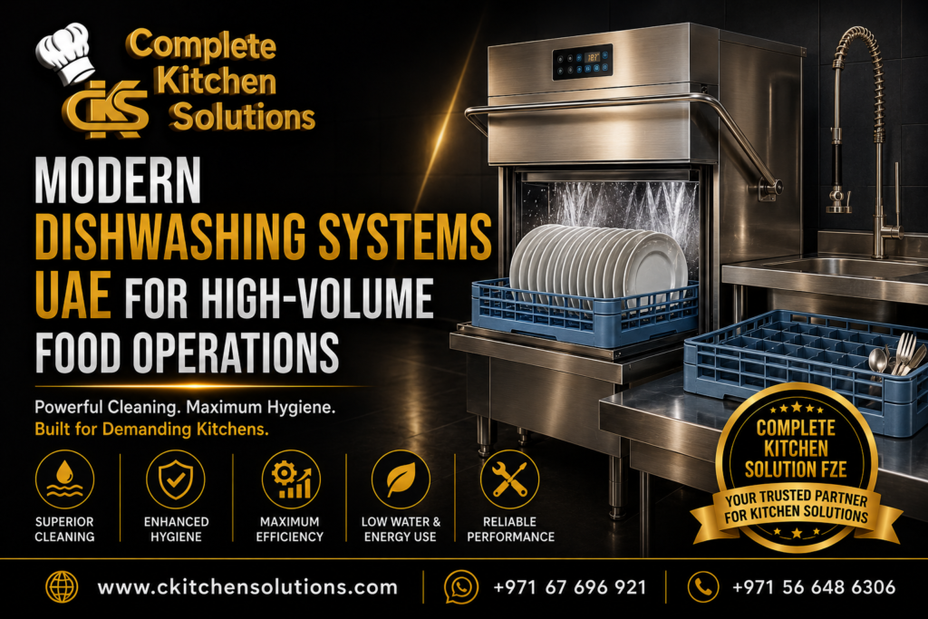 A promotional banner for "Complete Kitchen Solutions" titled "Modern Dishwashing Systems UAE," featuring an industrial hood-type commercial dishwasher spraying water over a rack of white plates next to a pre-rinse sink faucet.