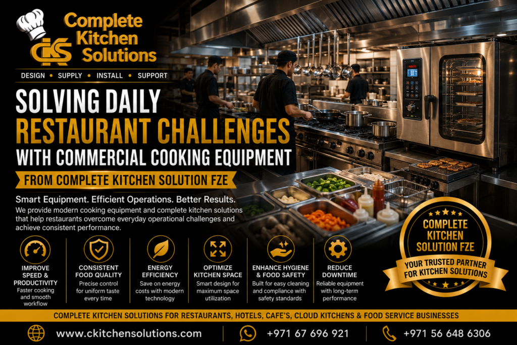 A promotional banner for "Complete Kitchen Solutions" titled "Solving Daily Restaurant Challenges with Commercial Cooking Equipment," featuring a busy professional kitchen with chefs cooking on stainless steel lines and a combi oven in operation.