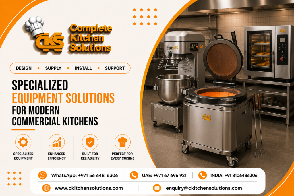 A promotional banner for "Complete Kitchen Solutions" titled "Specialized Equipment Solutions for Modern Commercial Kitchens," featuring heavy-duty stainless steel culinary machinery including a commercial mobile tandoor oven with an open lid, a large planetary dough mixer, and a multi-tier combi oven in the background.