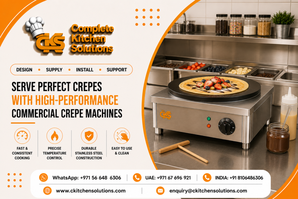 A promotional banner for "Complete Kitchen Solutions" titled "Serve Perfect Crepes with High-Performance Commercial Crepe Machines," featuring a stainless steel single-plate commercial crepe maker with a cooked crepe topped with strawberries, blueberries, and chocolate sauce, along with a T-shaped wooden batter spreader on a kitchen counter.