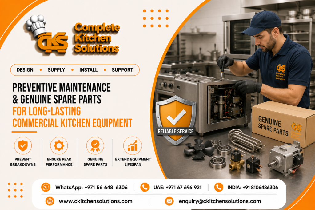 A promotional banner for "Complete Kitchen Solutions" titled "Preventive Maintenance & Genuine Spare Parts for Long-Lasting Commercial Kitchen Equipment," featuring a technician servicing an open commercial appliance next to spare parts and a "Genuine Spare Parts" cardboard box on a workbench.
