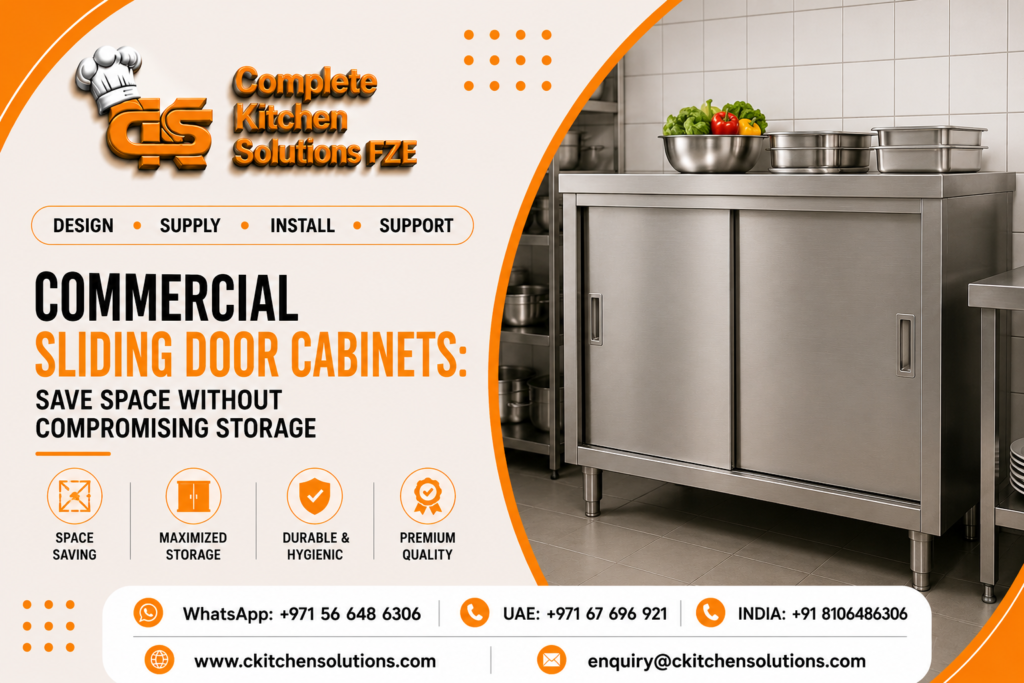 A commercial stainless steel sliding door cabinet with fresh vegetables and food pans on top, set in a professional kitchen environment, branded by Complete Kitchen Solutions FZE.