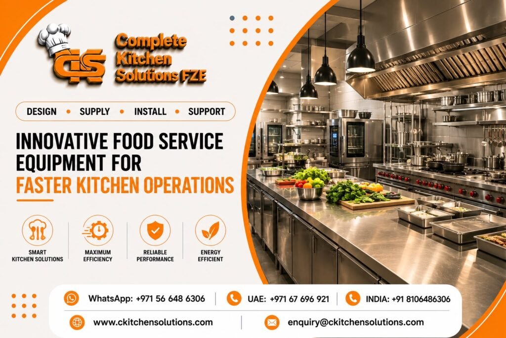 A modern commercial kitchen with stainless steel prep counters, fresh ingredients, overhead exhaust hood, and combi ovens, branded by Complete Kitchen Solutions FZE.