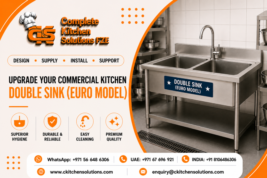 A heavy-duty stainless steel Euro Model double sink unit with a gooseneck faucet and bottom storage shelf set in a commercial kitchen, branded by Complete Kitchen Solutions FZE.