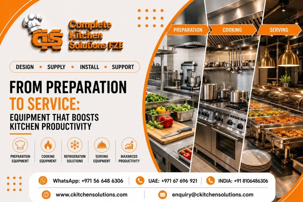 A three-panel montage illustrating commercial kitchen equipment stages: preparation station with vegetables and mixer, cooking range with stainless pots, and a serving buffet line with heat lamps, branded by Complete Kitchen Solutions FZE.