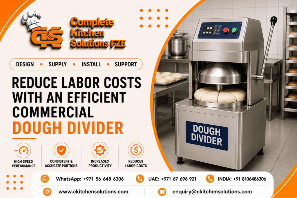 An industrial stainless steel commercial dough divider machine slicing dough into equal portions in a bakery setting, branded by Complete Kitchen Solutions FZE.