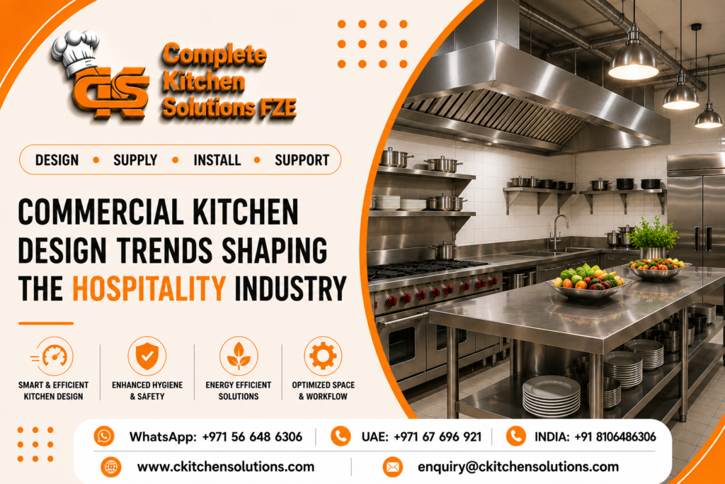 A modern commercial kitchen with stainless steel island counters, cooking ranges, industrial exhaust hoods, and stacked dishware, branded by Complete Kitchen Solutions FZE.