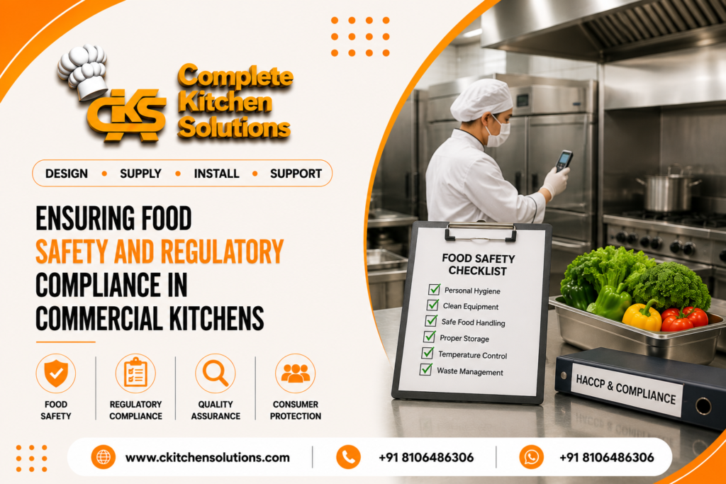 A promotional banner for "Complete Kitchen Solutions" titled "Ensuring Food Safety and Regulatory Compliance in Commercial Kitchens," featuring a kitchen inspector checking a clipboard checklist alongside a HACCP compliance binder and a tray of fresh vegetables, with a chef in the background.