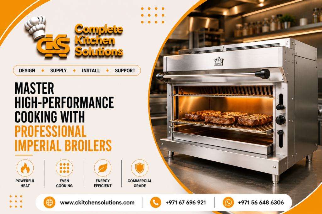 A promotional banner for "Complete Kitchen Solutions" titled "Master High-Performance Cooking with Professional Imperial Broilers," featuring a heavy-duty stainless steel commercial salamander broiler grilling thick steaks on an adjustable wire rack inside a professional kitchen.