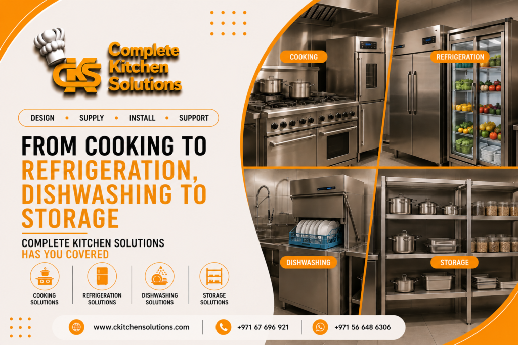 A promotional banner for "Complete Kitchen Solutions" titled "From Cooking to Refrigeration, Dishwashing to Storage," featuring a four-quadrant grid split on the right side highlighting commercial kitchen zones: cooking equipment, refrigeration units, dishwashing stations, and stainless steel storage shelving.