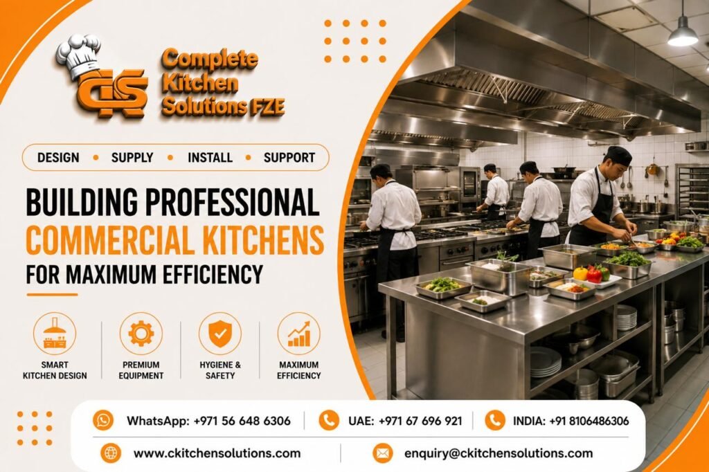 Commercial kitchen designed by Complete Kitchen Solutions FZE featuring professional chefs working efficiently along stainless steel countertops and cooking stations.