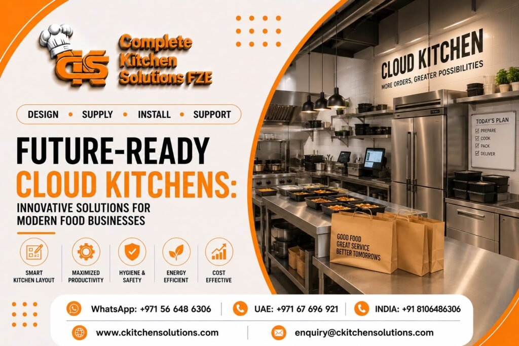 A commercial cloud kitchen setup featuring stainless steel countertops, meal prep containers, brown paper delivery bags, modern kitchen equipment, and promotional text for Complete Kitchen Solutions FZE.