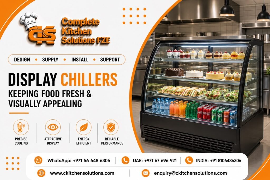 A modern commercial display chiller by Complete Kitchen Solutions FZE filled with desserts, sandwiches, salads, and bottled beverages in a professional kitchen setting.