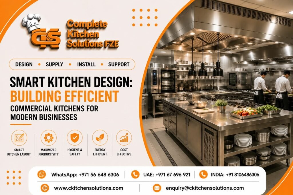 A modern commercial kitchen with stainless steel equipment, island prep station, exhaust hoods, and chefs working, promoting Smart Kitchen Design services by Complete Kitchen Solutions FZE.