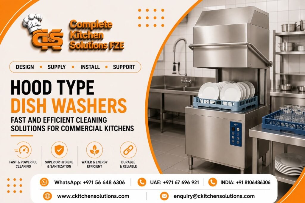 Here are the details for your commercial dishwasher promotional graphic: Alt Text Commercial hood-type stainless steel dishwasher loaded with white ceramic plates on a washing rack in a professional kitchen, featuring branding for Complete Kitchen Solutions FZE.
