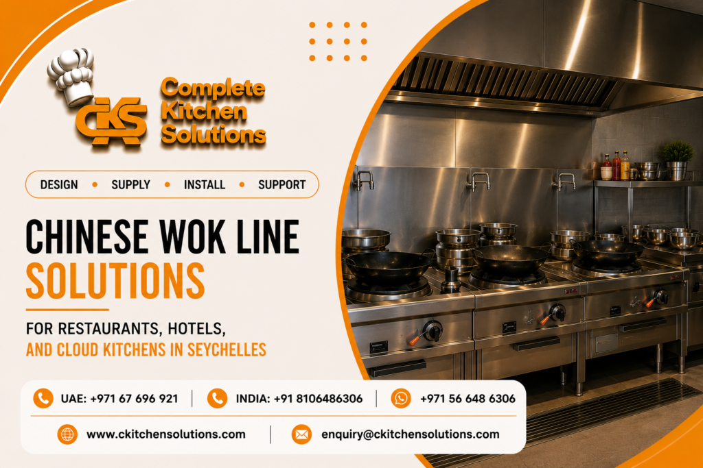 A promotional banner for "Complete Kitchen Solutions" titled "Chinese Wok Line Solutions for Restaurants, Hotels, and Cloud Kitchens in Seychelles," featuring a heavy-duty stainless steel commercial wok cooking range line with large black woks sitting on burner rings beneath dedicated water faucets inside a professional kitchen.