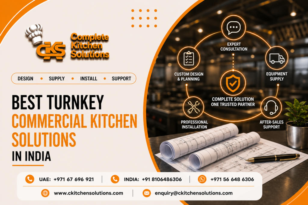 A promotional banner for "Complete Kitchen Solutions" titled "Best Turnkey Commercial Kitchen Solutions in India," featuring architectural kitchen blueprints and a pen on a table, with a circular workflow diagram mapping service stages against a blurred industrial kitchen background.