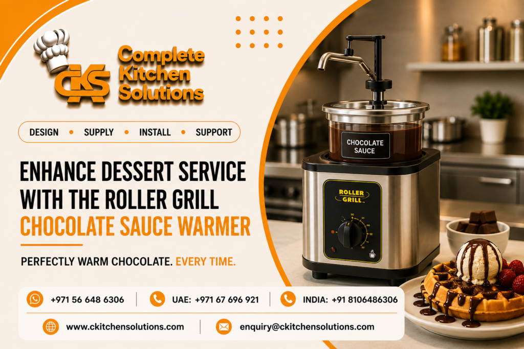 A promotional banner for "Complete Kitchen Solutions" titled "Enhance Dessert Service with the Roller Grill Chocolate Sauce Warmer," featuring a stainless steel commercial countertop chocolate dispenser machine with a manual pump next to a plated waffle topped with ice cream and drizzled chocolate.
